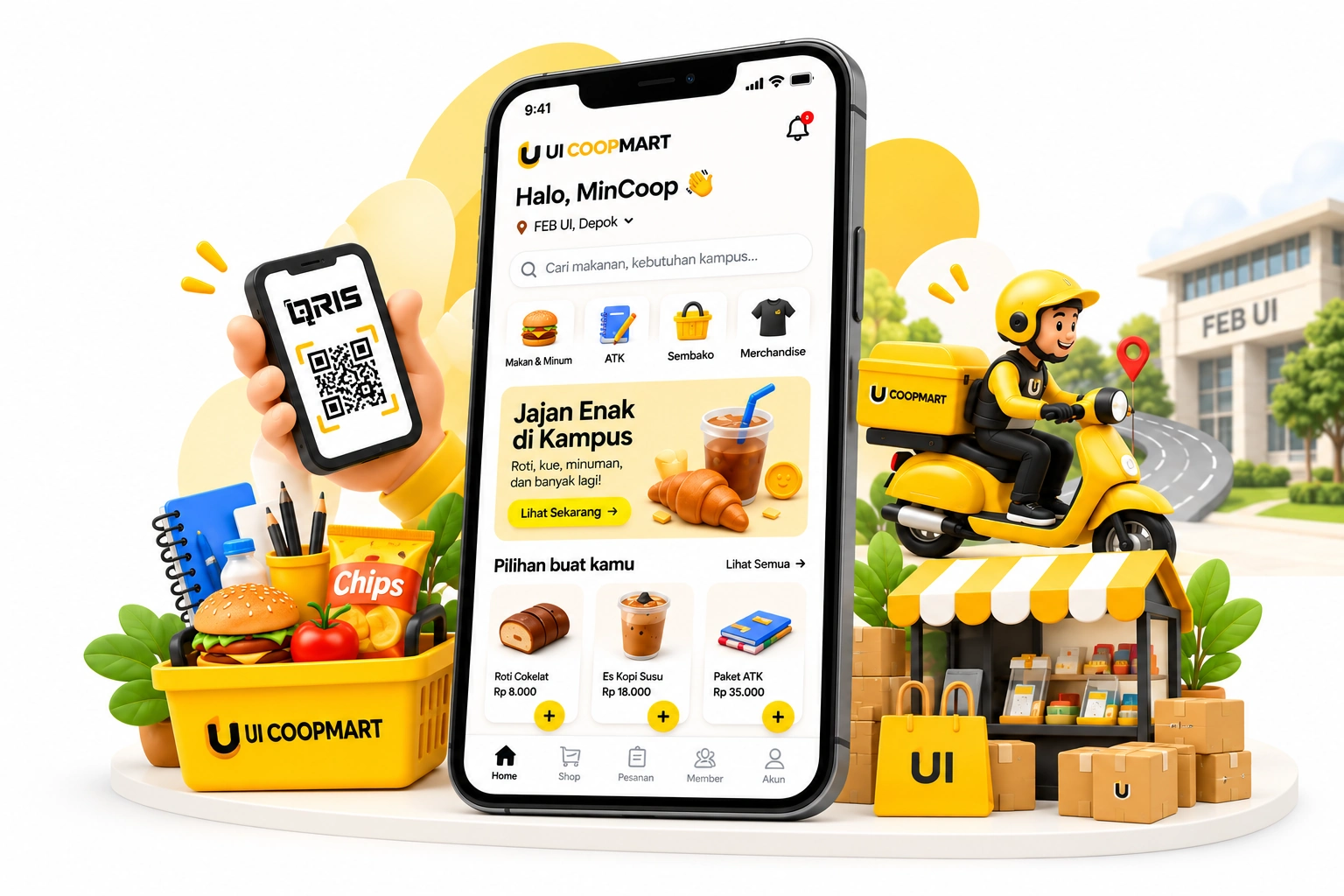 Ilustrasi marketplace UI COOPMART dengan QRIS, kurir pengantaran, keranjang belanja, dan titip jual